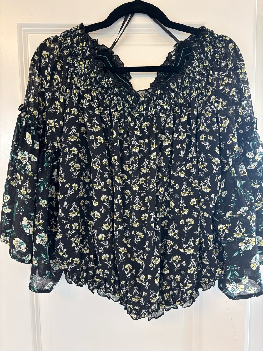 Free People Black Floral Smocked Boho Blouse